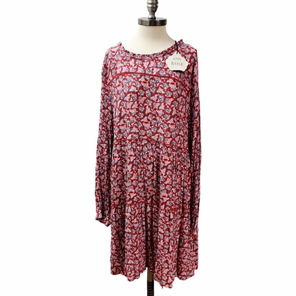 Knox Rose XXL Floral Paisley Tiered Boho Cottage Midi DRESS Red Prairie NEW